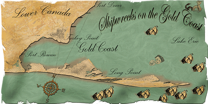 map of the gold coast in southern Ontario, showing shipwrecks and scuba diving destinations, locations near long point